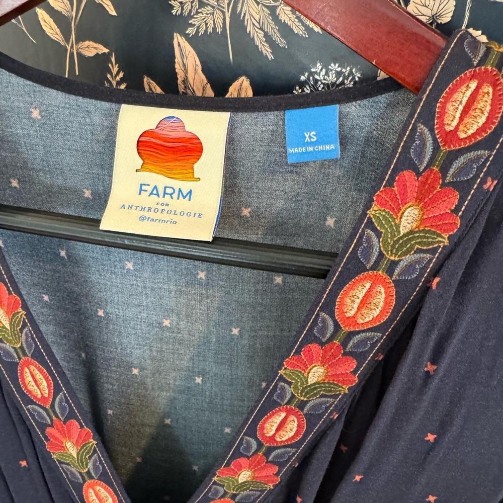 Anthropologie Navy Dress with Red Floral Embroidery